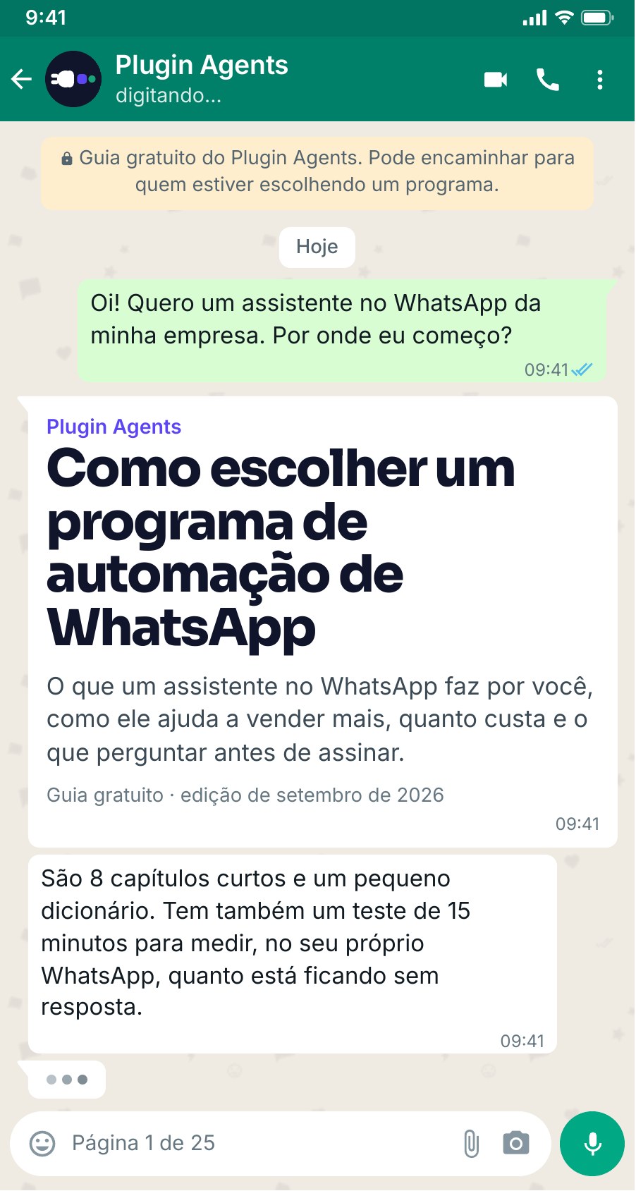 Capa do guia, em formato de conversa de WhatsApp: Como escolher um programa de automação de WhatsApp